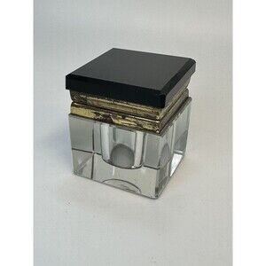 Antique 1920s Clear Glass Inkwell Black Beveled Onyx Glass Brass Lid Art Deco